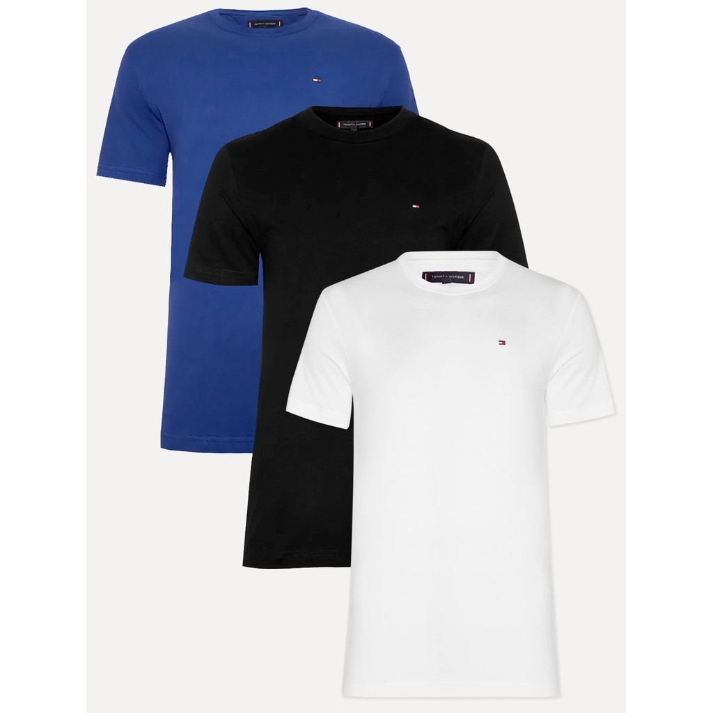 Kit Camisetas Tommy Hilfiger Original | Masculina Essential Preta/Branca/Azul Ro