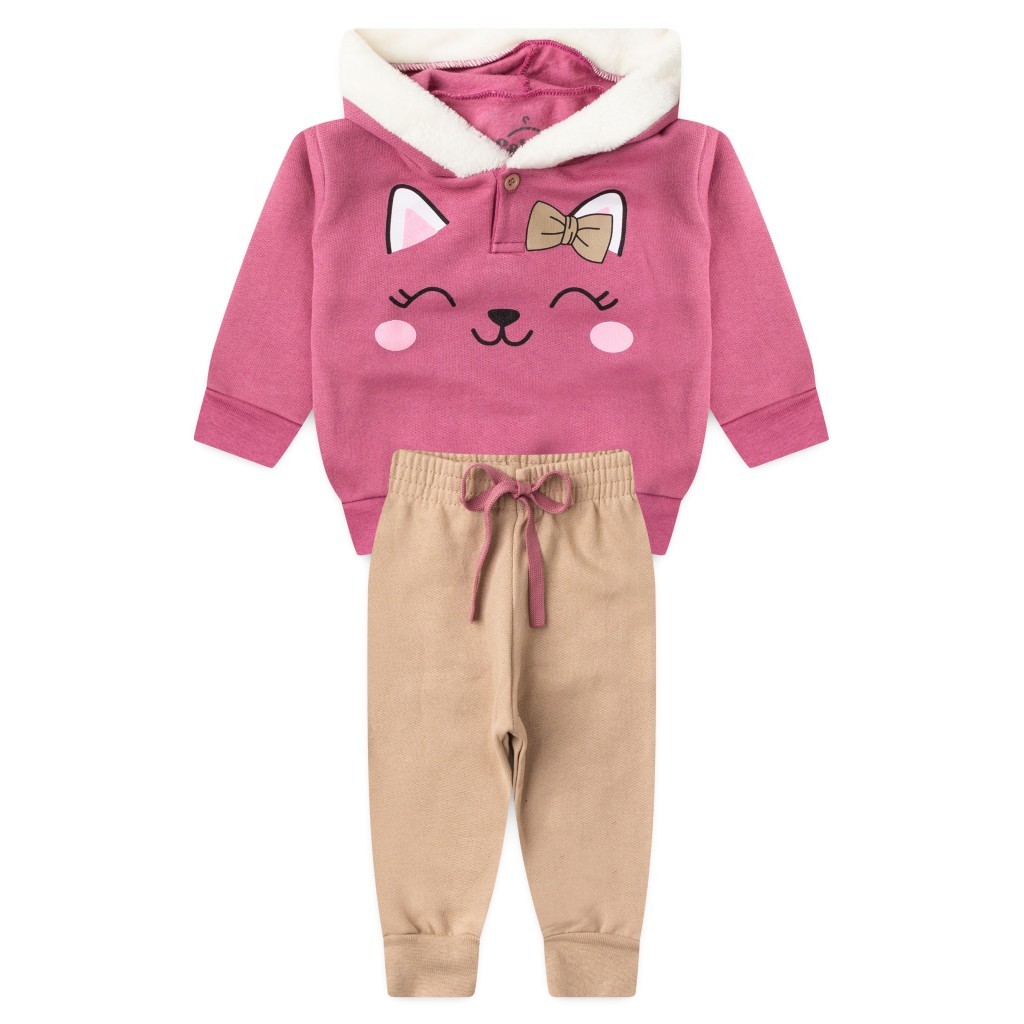 Conjunto Infantil Menina Moletom Peluciado Com Capuz Ursinha