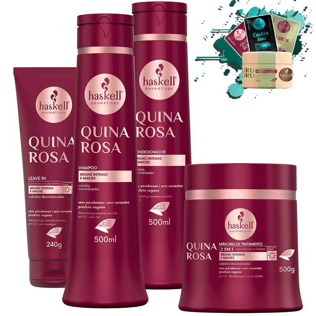 Shampoo Condicionador e Máscara 500ml/gr + Leave in 240gr Quina Rosa Haskell