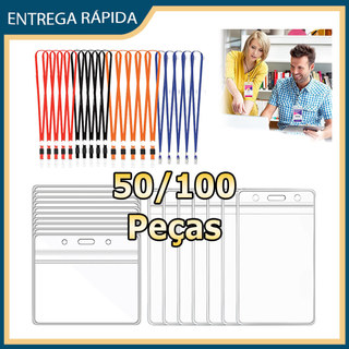 Kit 50/100 Crachás transparentes porta-cartões de identificação de plástico porta-crachás cordões com clipes