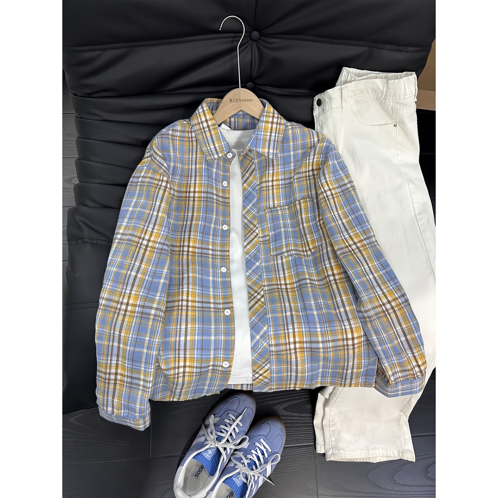 Camisa xadrez azul amarela de manga comprida masculina e feminina estilo americano casal jaqueta xadrez em camadas camis