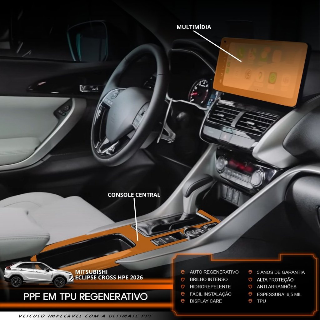 Película PPF Proteção Kit Console Central Multimídia Mitsubishi Eclipse Cross HPE 2026 Transparente TPU Anti Risco