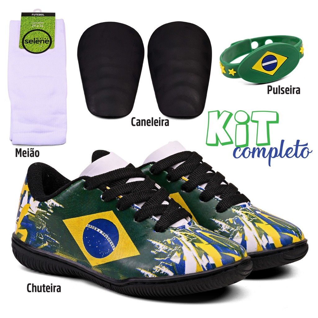 Chuteira Infantil Society Futsal Solado Costurado Kit Completo Meião Caneleira E Pulseira Futebol