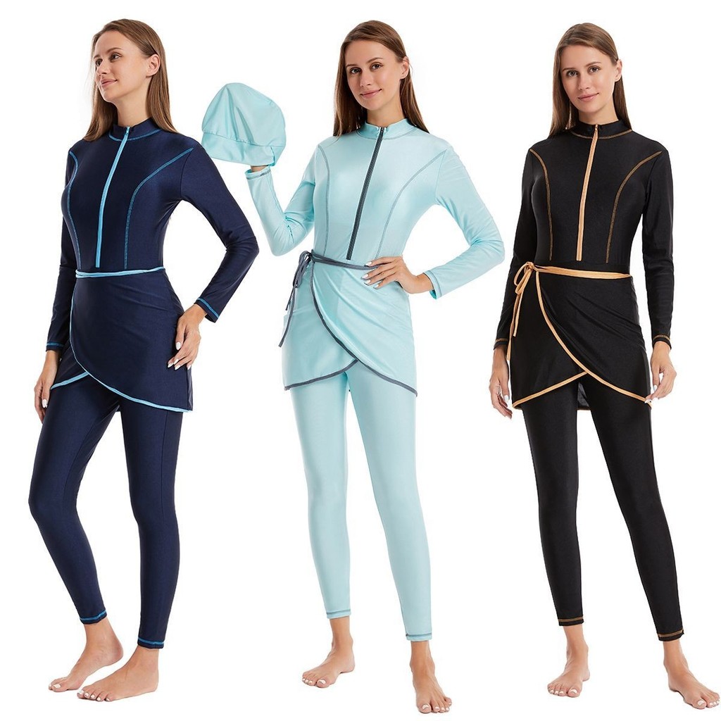 Traje de natação feminino com almofada no peito maiô protetor solar calças de manga comprida chapéu de uma peça conserva