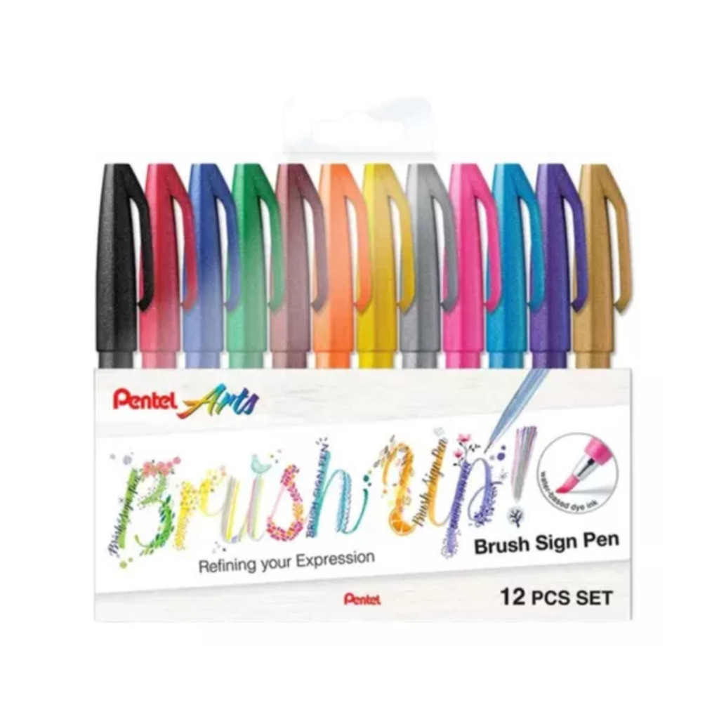 12 Canetas Brush Sign Pen Pentel Kit Tons Pastel Lettering Papelaria Criativa Escolar Kawaii Caligrafia Artistica 