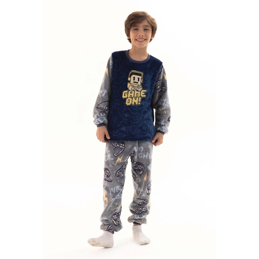 Pijama de Inverno Longo Menino em Soft Fleece Peluciado Quentinho Brilha no Escuro Game On Azul