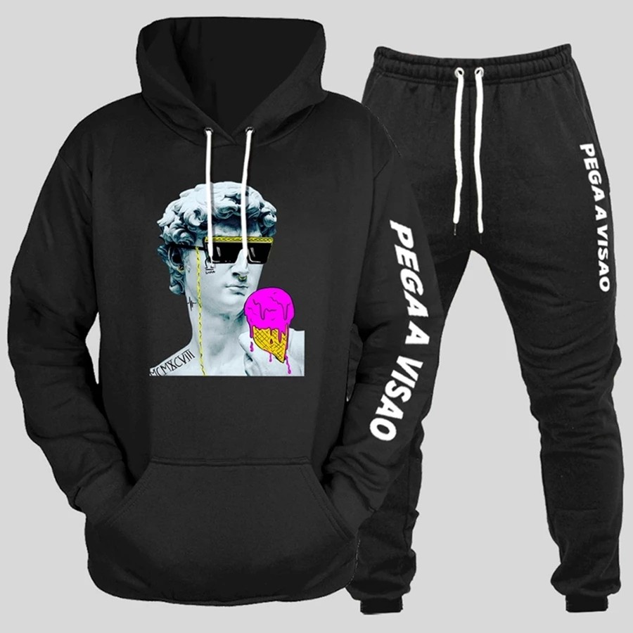 Conjunto Moletom Canguru Masculino Estatua Blusa De Frio + Calça Moletom Estampados Unissex Outono/Inverno