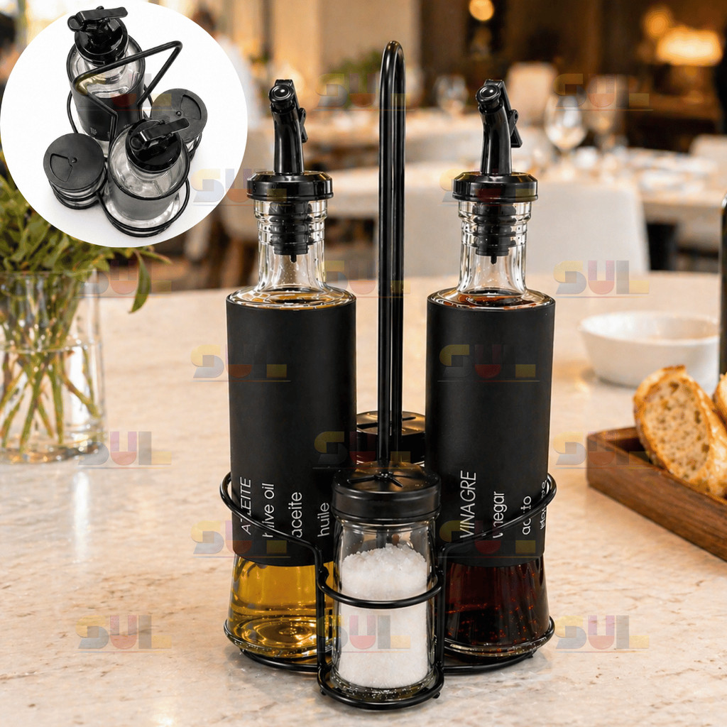 Kit 5 Peças Galheteiro Vidro 300ml + Porta Condimentos 85ml c/ Suporte e Dosador