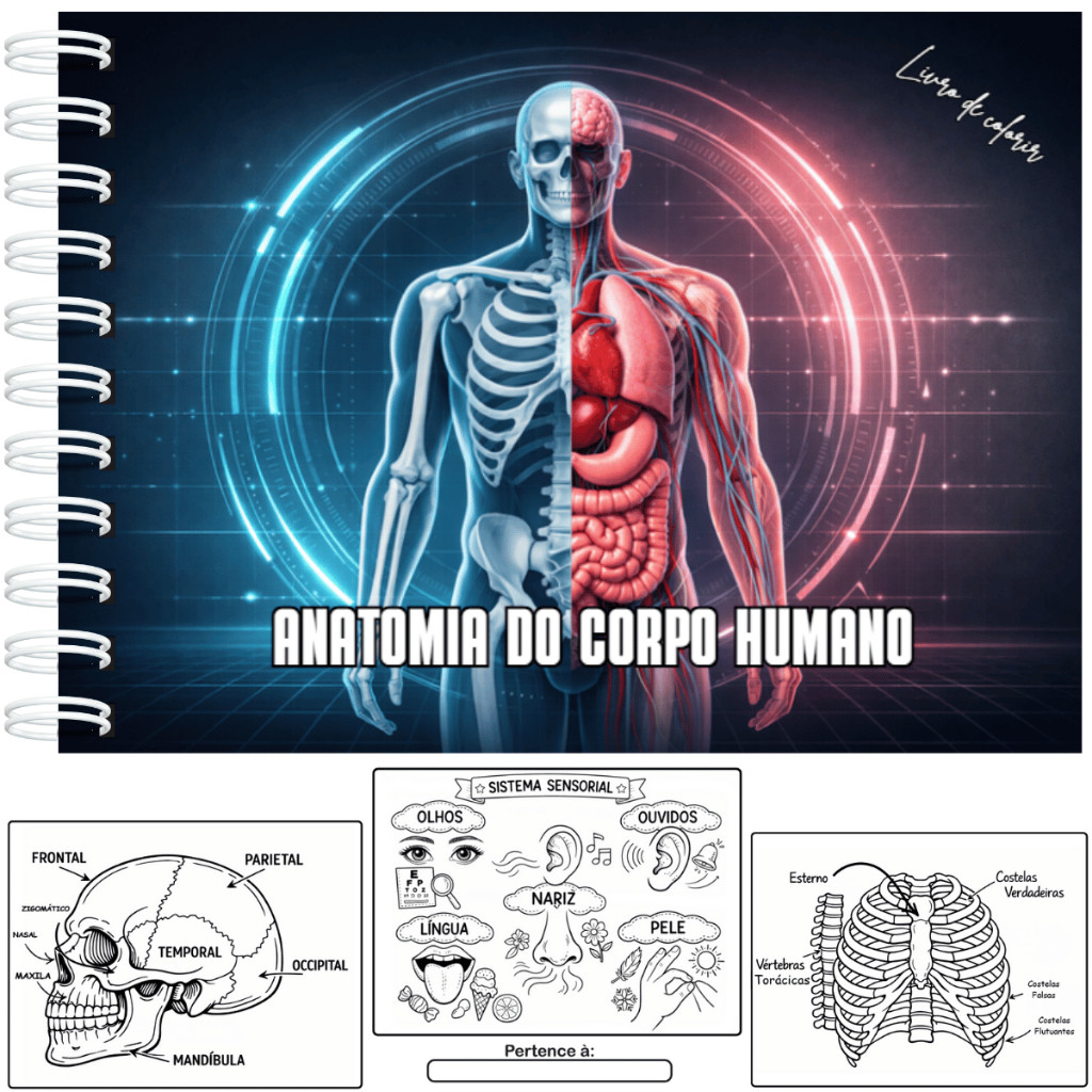 Livro de Colorir Educativo Anatomia do Corpo Humano Capa Dura 50 Folhas Grossas + Acetato