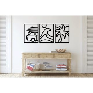Trio de Quadros Decorativos Tema Praia – Arte Minimalista em MDF com Kombi, Ondas e Coqueiro para Sala e Área Gourmet