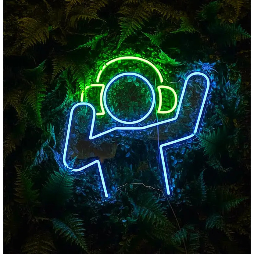 Placa LED Neon DJ Music Festa Balada Azul Verde Bivolt 28x28cm