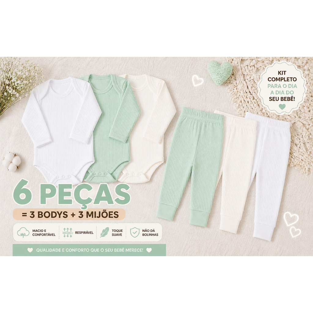 Combo 6 peças Conjunto Bebê Canelado Manga Longa Body e Calça Algodão Macio Unissex Enxoval