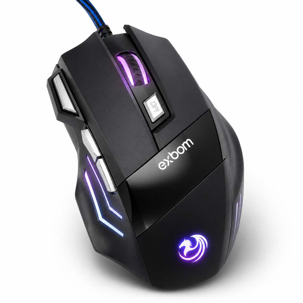 Mouse Gamer RGB Exbom 3200 DPI 7 Botões USB Alta Precisão Ergonômico Com Fio