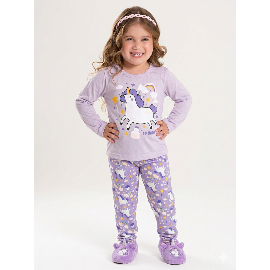 Conjunto Pijama Infantil Feminino Unicórnio Encantado Manga Longa Confortável - Lilás | ED KIDS Lilás
