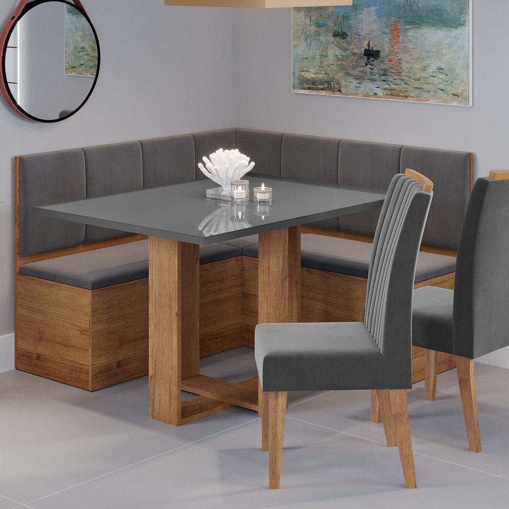 Conjunto Canto Baú com Mesa de Jantar Retangular 120x80cm SEM Vidro e 2 Cadeiras Yescasa Mel/Cinza Brilho/Grafite