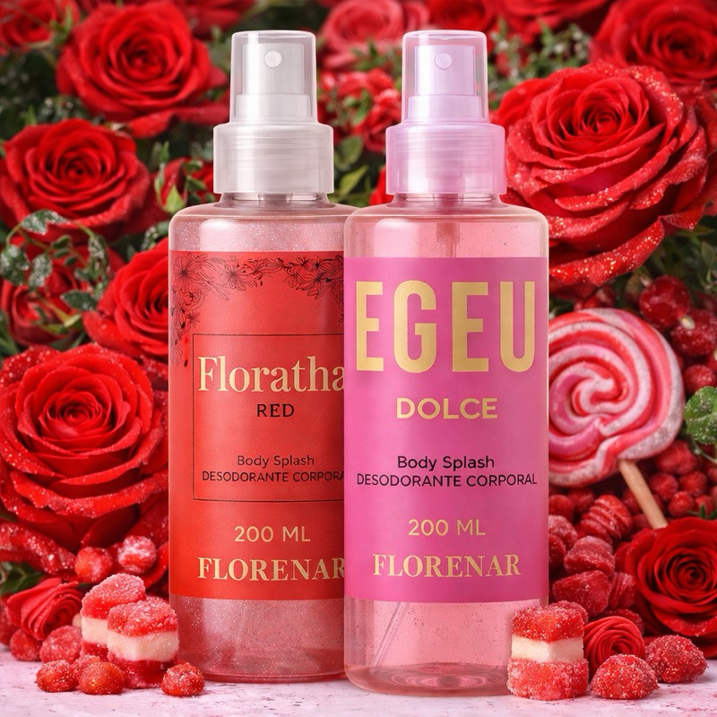 Body Splash Florata Red + Body Splash Dolce Feminino Body Splash 200ml cada com gliter perfume frangancia