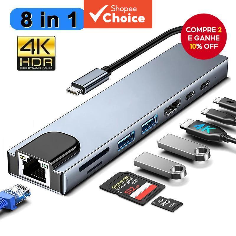 Adaptador USB Hub 8EM1 HDMI-Compatível USB3.0 HUB RJ45 Leitor de Cartão SD TF Carregamento Rápido PD para MacBook