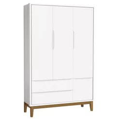 Guarda-Roupa Retrô Para Quarto Infantil 3 Portas Classic New Branco Fosco com Madeira - Reller
