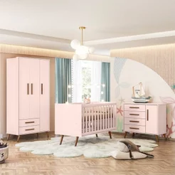 Quarto de Bebê Completo Guarda-Roupa, Berço e Cômoda Q-Encanto Retrô Rosa/Acetinado Rosa Acetinado