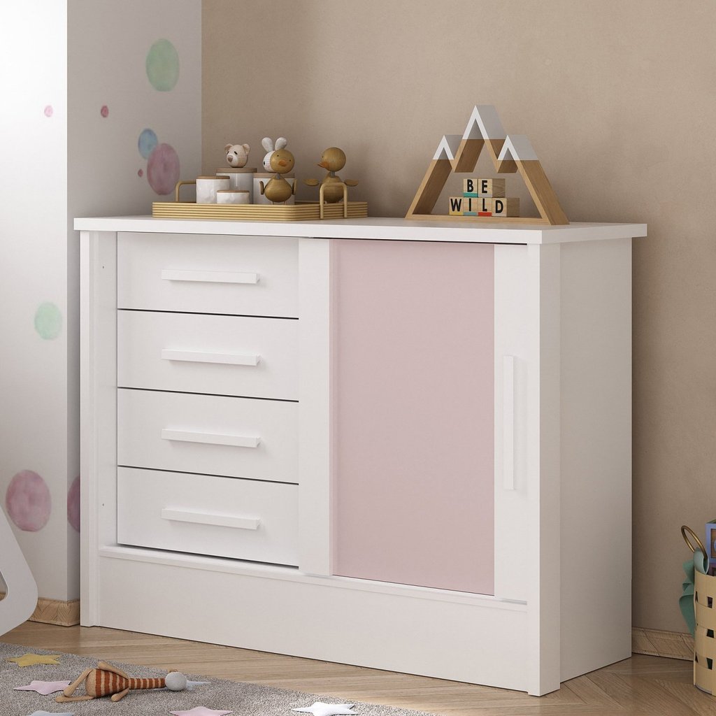 Cômoda Infantil 1 Porta 4 Gavetas Maya Espresso Móveis Rosa/Branco