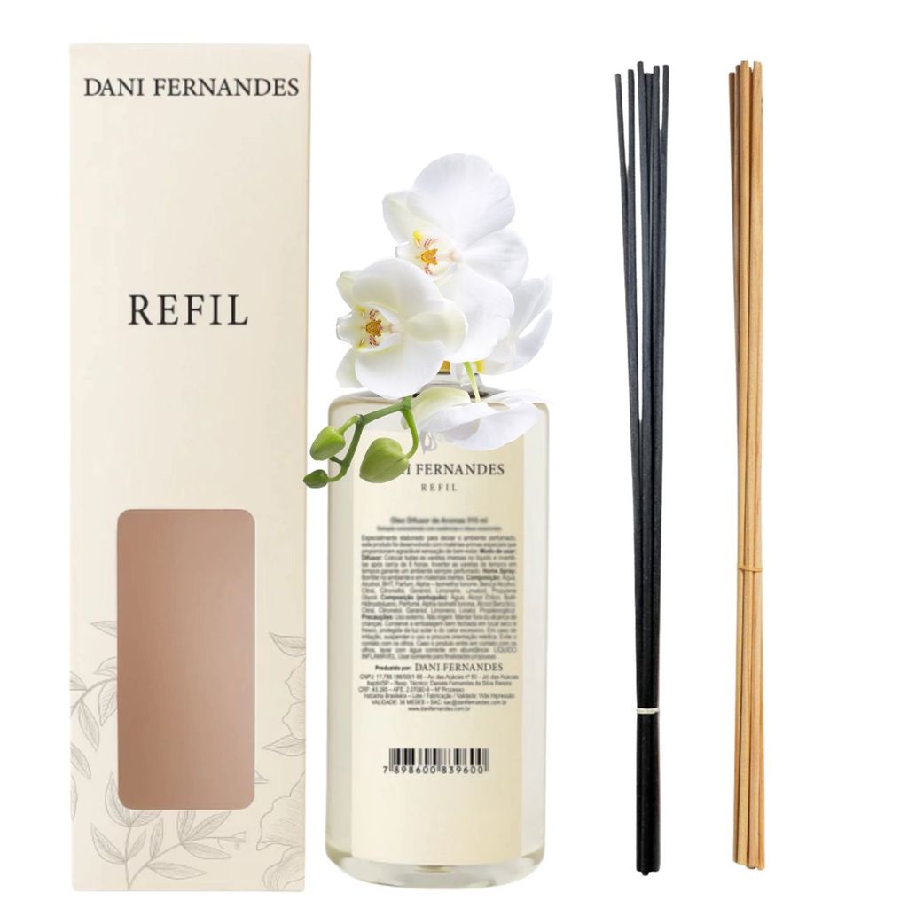 Refil Óleo difusor Aromas Orquídea Dani Fernandes 510ml + 02 kits de varetas