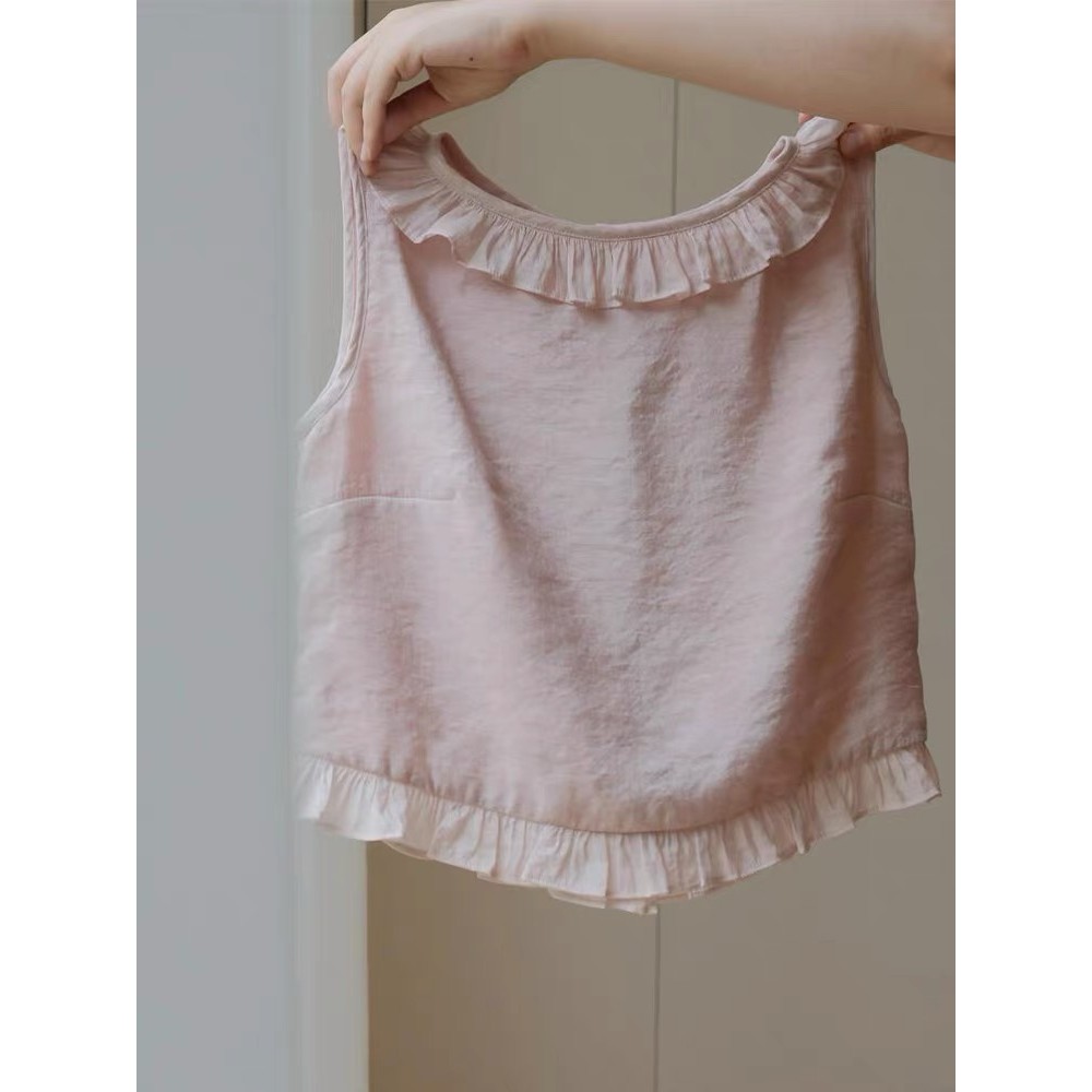 Golpe de produtos Niu X!Rosa fungo borda sem mangas colete feminino verão moda doce Single-Breasted camisa pequena topo
