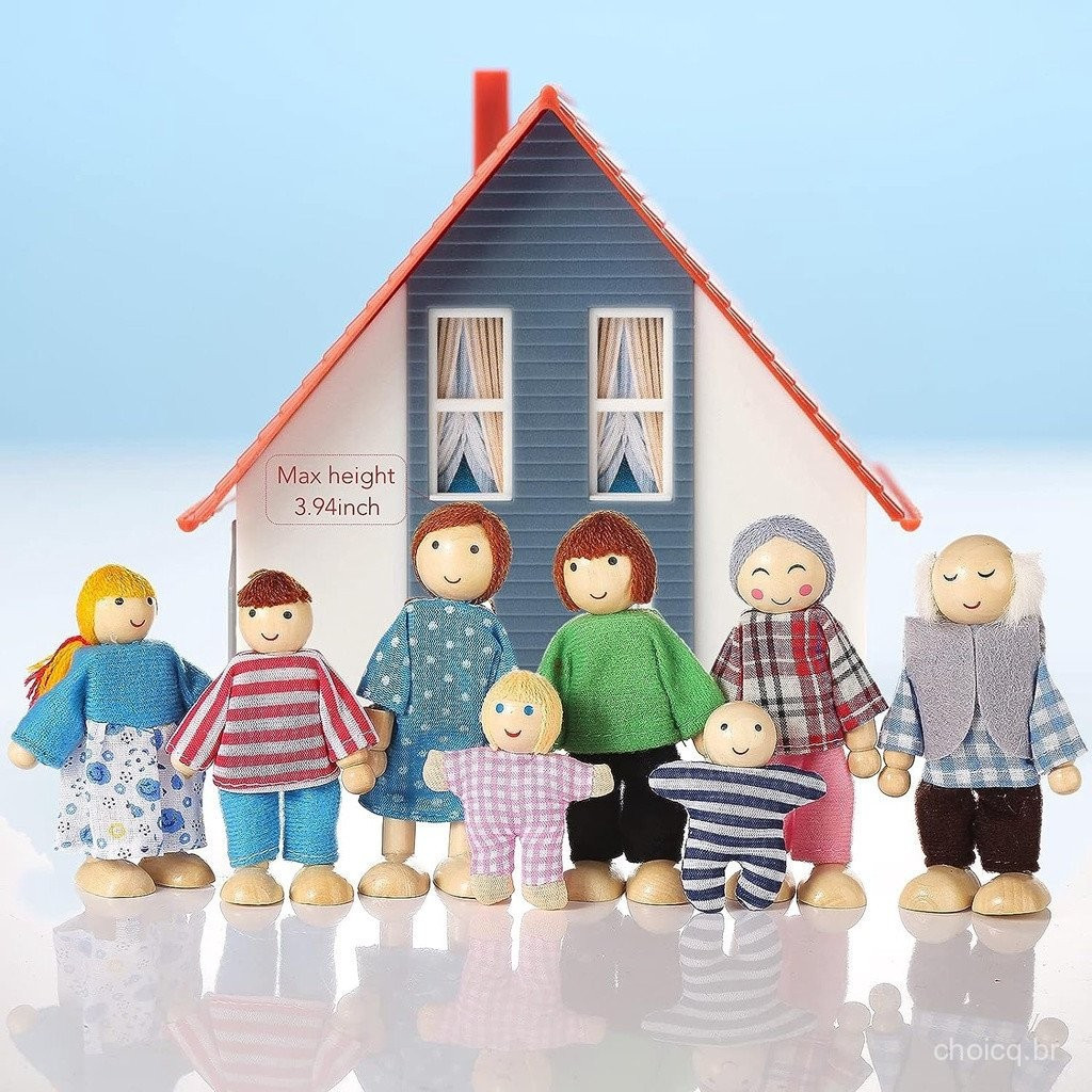 7 Pçs/Conjunto Boneco Articulado De Madeira Para Família/Pais E Filhos