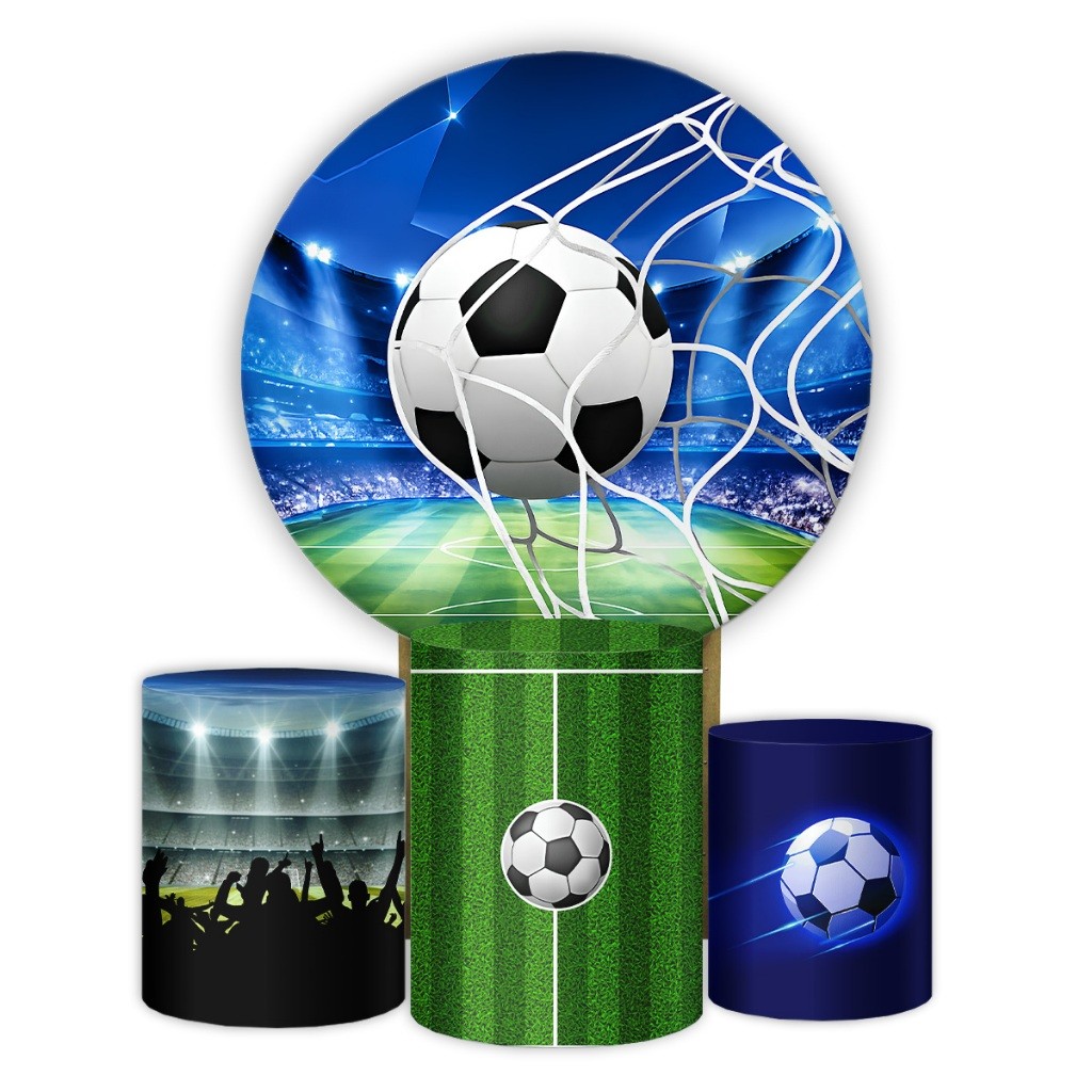 Decoração Festa Tema Futebol Kit Capas Painel Redondo + Cilindros Campo Estádio Veste Fácil