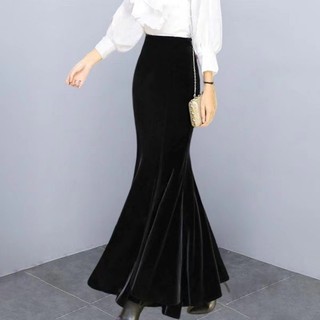 Saia de veludo dourado outono inverno 2026 novo estilo saia longa rabo de peixe gordura mm tamanho grande saia quadril c