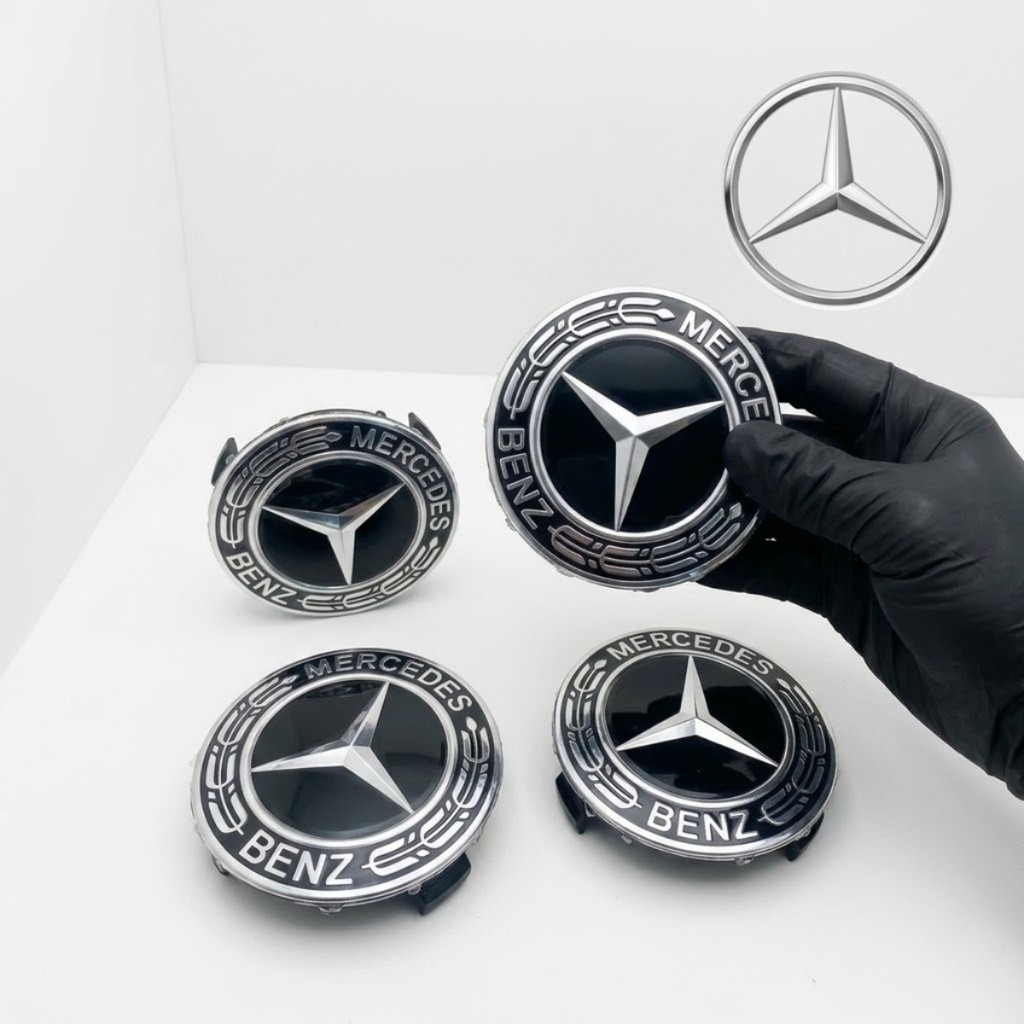 Jogo 4 Calotas Centro Roda Mercedes-Benz 75mm Preta Original Emblema Tampa Cubo Premium