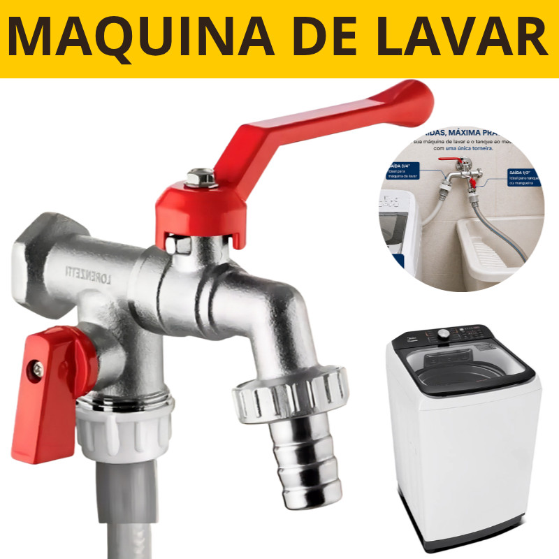 Torneira Esfera Tanque Máquina 2 Saídas Bico 1/2X3/4 Parede Tanque Maquina de Lavar
