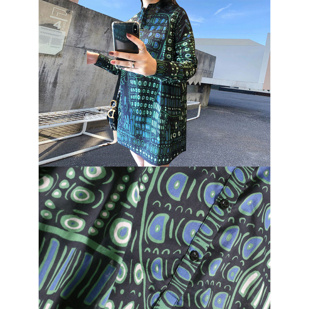 Retro elegante selvagem série africana fino tecido algodão manga comprida verde impresso fenda saia camisa vestido