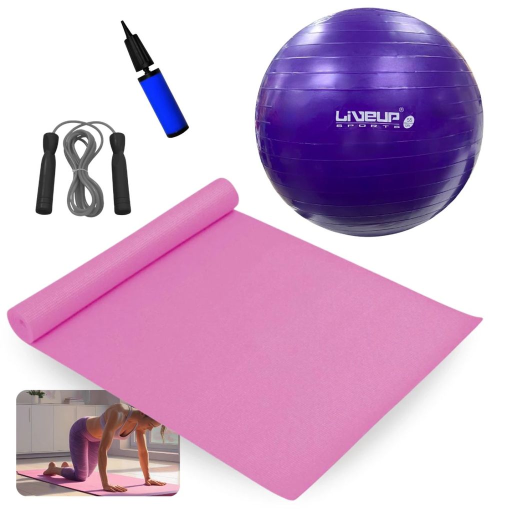 Kit Bola Suiça 55cm + Colchonete Rosa + Corda com Rolamento + Inflador Treino em Casa