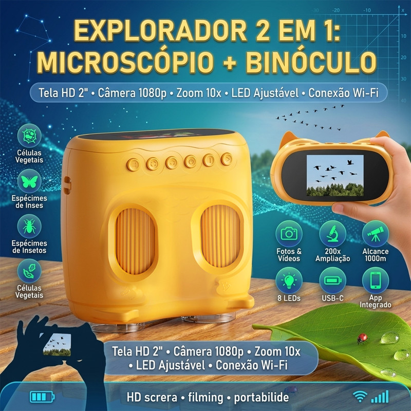 Microscópio Portátil e Binóculo 10x Kids com Tela LCD: Câmera Digital Integrada e Luz LED - Kit Explorador de Natureza