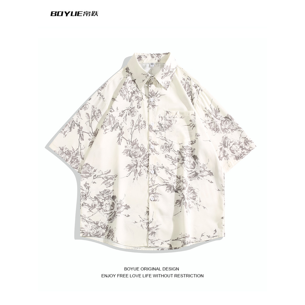 BOYUE BOYUE Verão Street Wear Camisa Estampada Completa Masculina Estilo Hong Kong Retro Solto Legal Camisa de Manga Cur