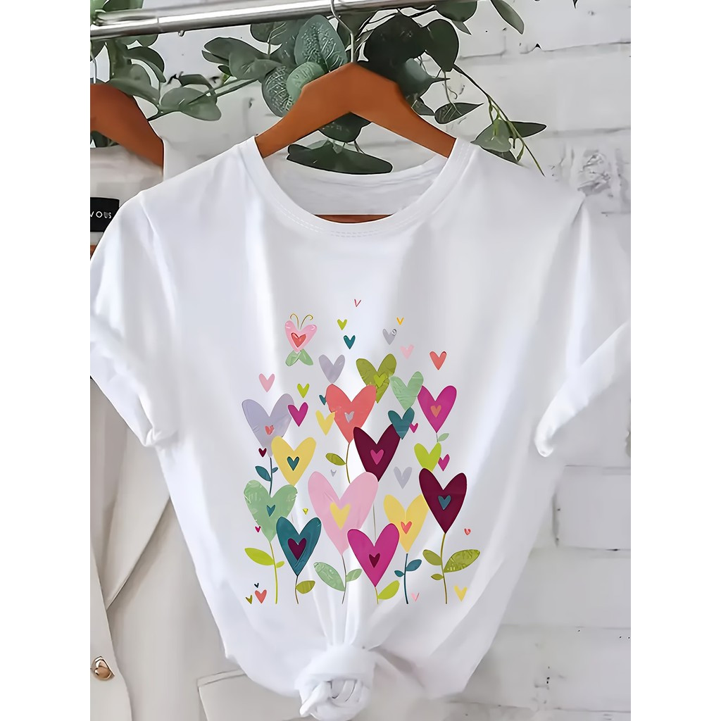 [Camiseta Premium em Algodão Puro]SISI Camiseta Feminina PlusSize Corações Coloridos, Perfeita Para O Dia Dos Namorados