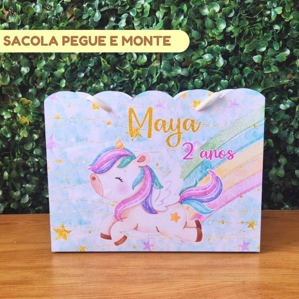Sacola personalizada UNICORNIO | Lembrancinhas personalizadas | Aniversário infantil | (PEGUE E MONTE)