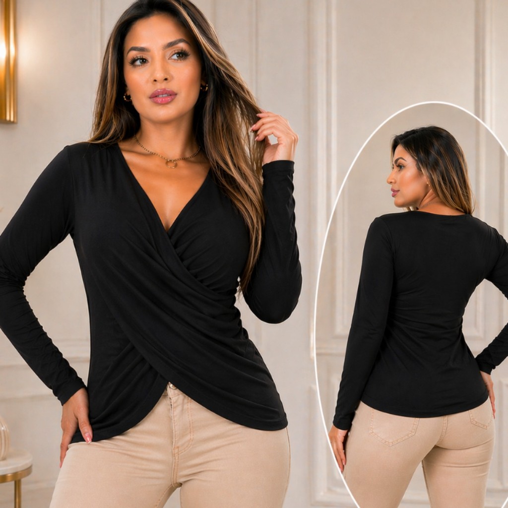 Blusa Transpassada Feminina Manga Longa Decote V Cruzada  Moda Blogueira Tendência Confortável