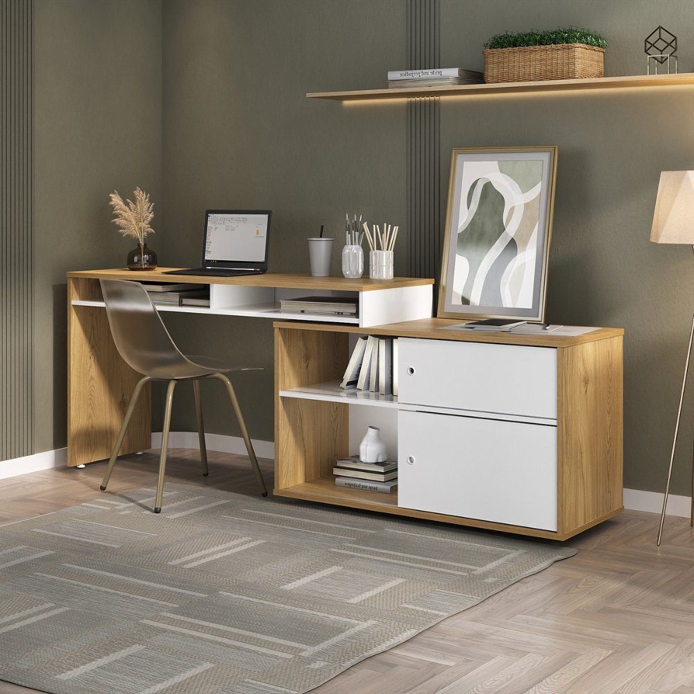 Escrivaninha Mesa Escritório em L ou Reta Flex 107cm Olmo e Branco Bege Artany