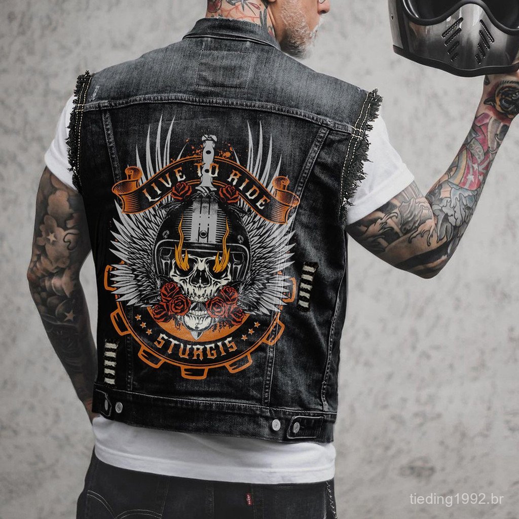 Colete Jeans Masculino Destroyed Sem Mangas Steampunk Estampado Casaco Plus Size