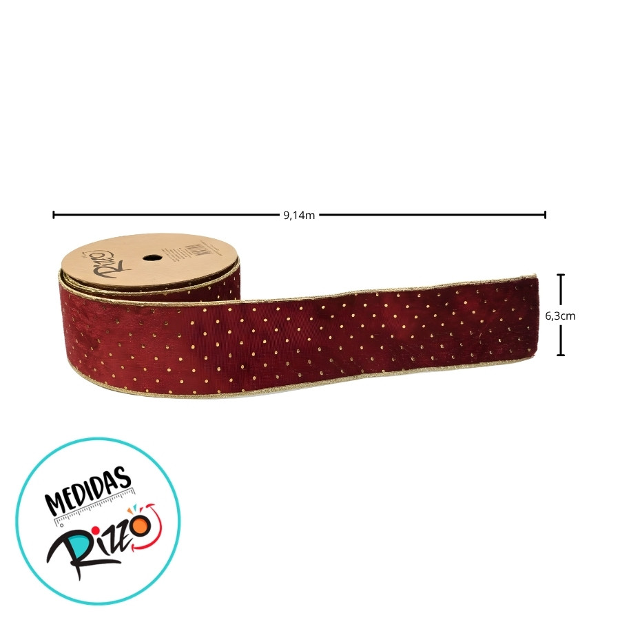 Fita Aramada Decorativa de Natal - Vermelha com Pingos Dourados - 6,3cm x 9,14m - 1 unidade - Rizzo — imagem 2 de 2