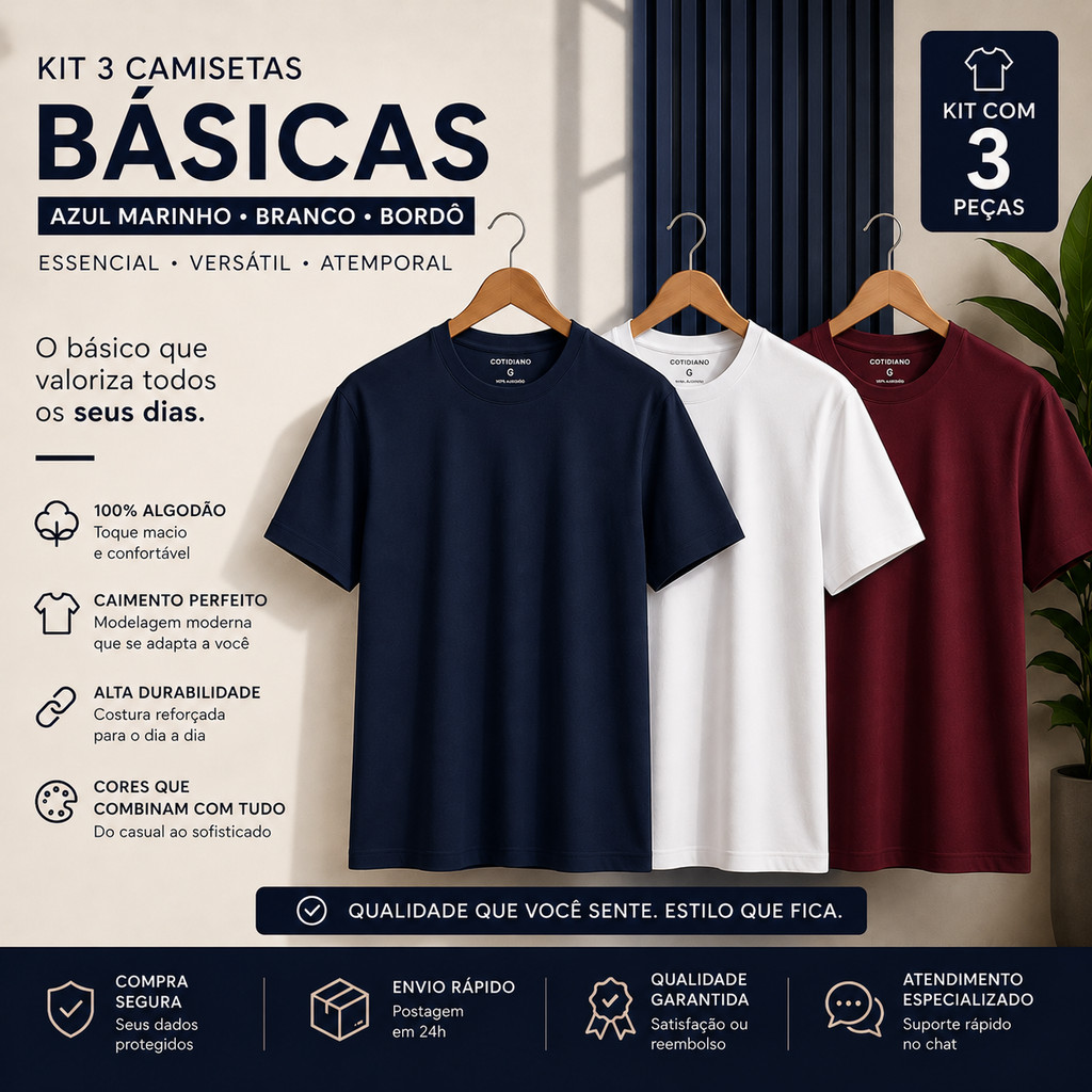 Kit 3 Camisetas Básicas Masculinas Algodão Premium, Camisa  Dia a Dia, Envio Rápido