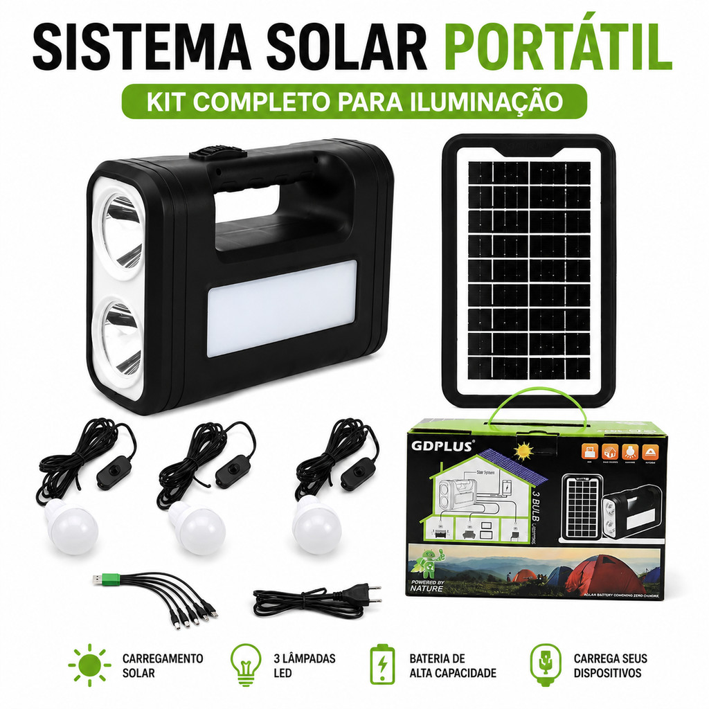 Kit Bateria Portátil com Painel Solar e 3 Lâmpadas LED para Pesca Camping