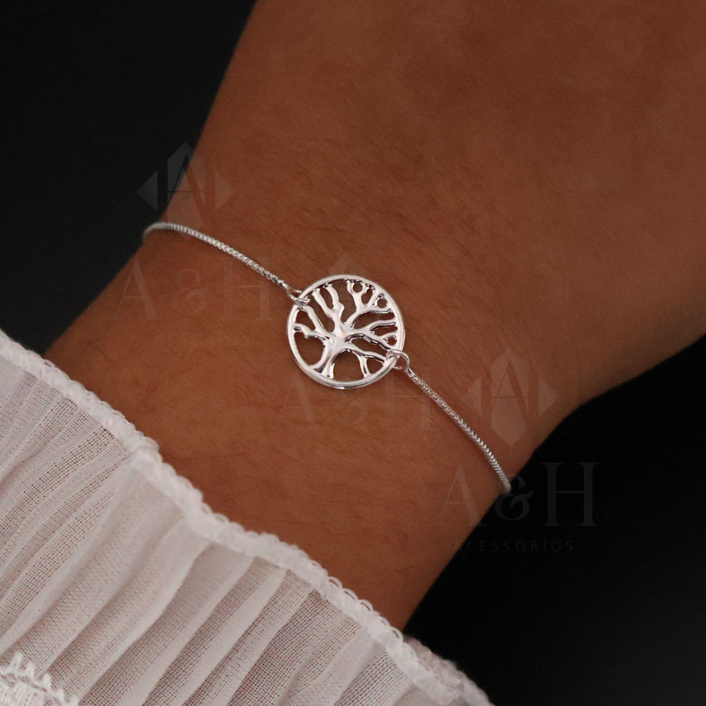 Pulseira Feminina Banhada a Prata 925 Corrente e Fecho com Pingente da Árvore da Vida tendência