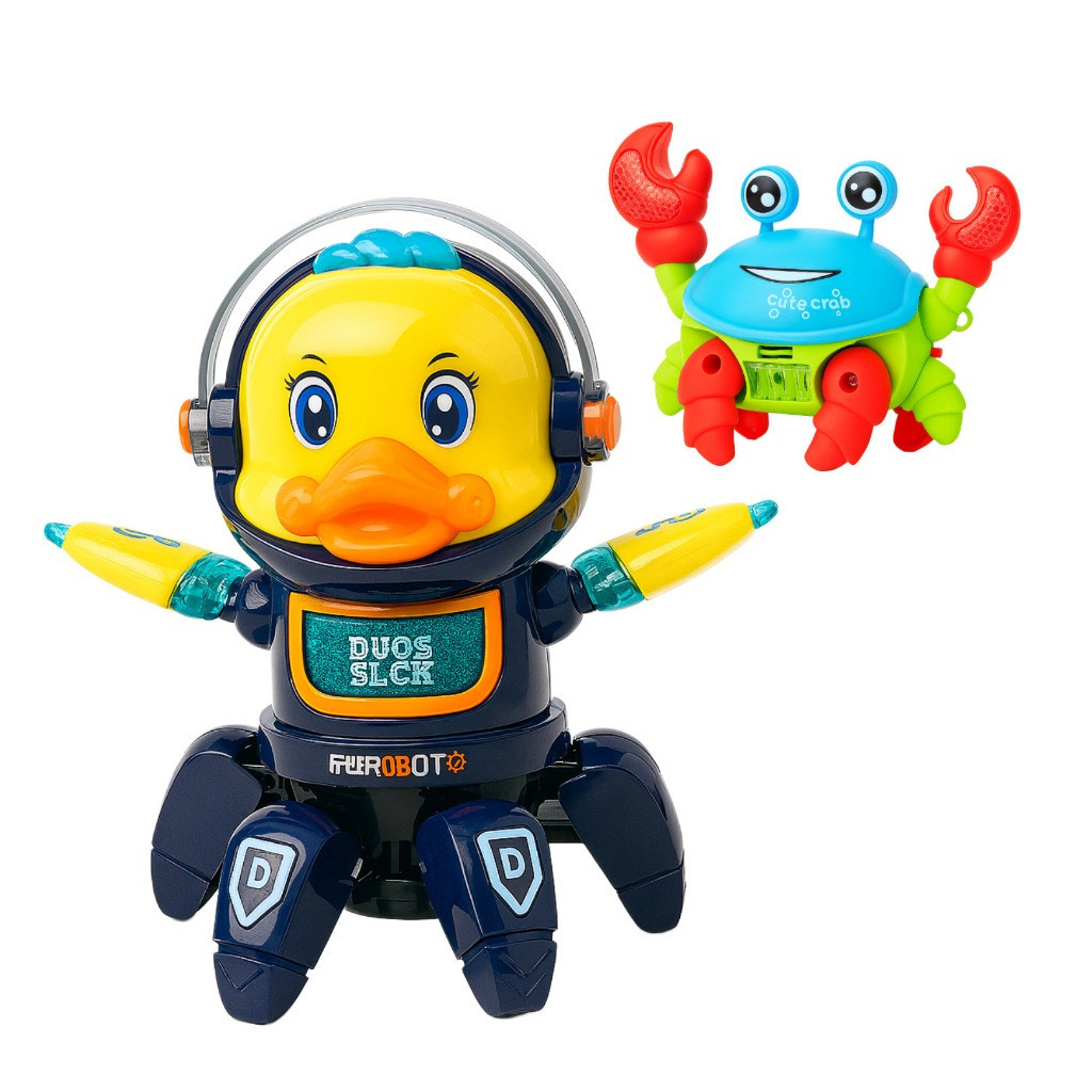 Kit Pato Astronauta Dançante Caranguejo Fujão Brinquedo Interativo Musical Luzes Som Dancing Space Duck