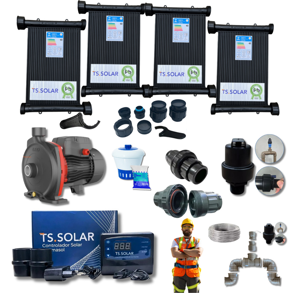 KIT AQUECEDOR TS SOLAR PISCINA SPA JACUZZI ATE 8000L PLACAS 3MTS COM MOTOBOMBA 1/2CV 220V ACM37