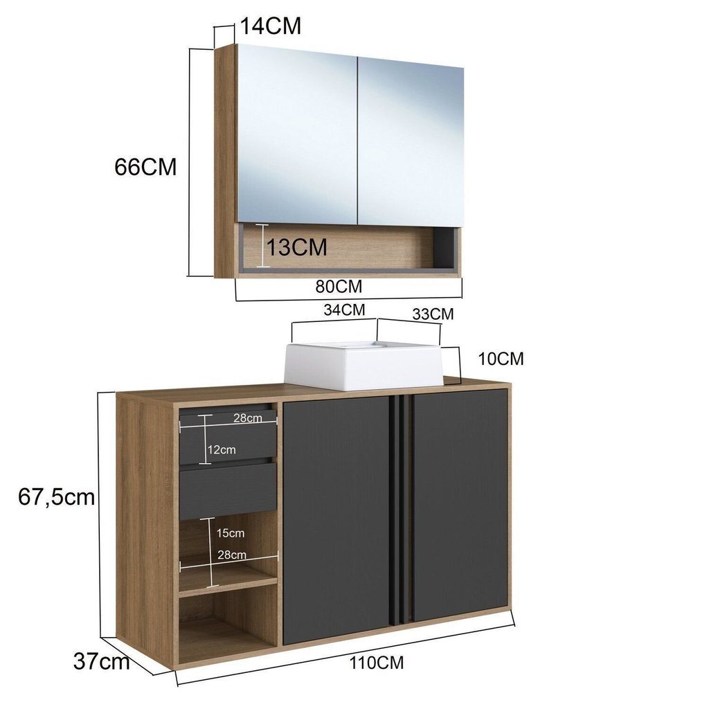Gabinete de Banheiro 110cm com Espelheira 2 Portas e Cuba Antônia Preto/Mel/Grafite 110
