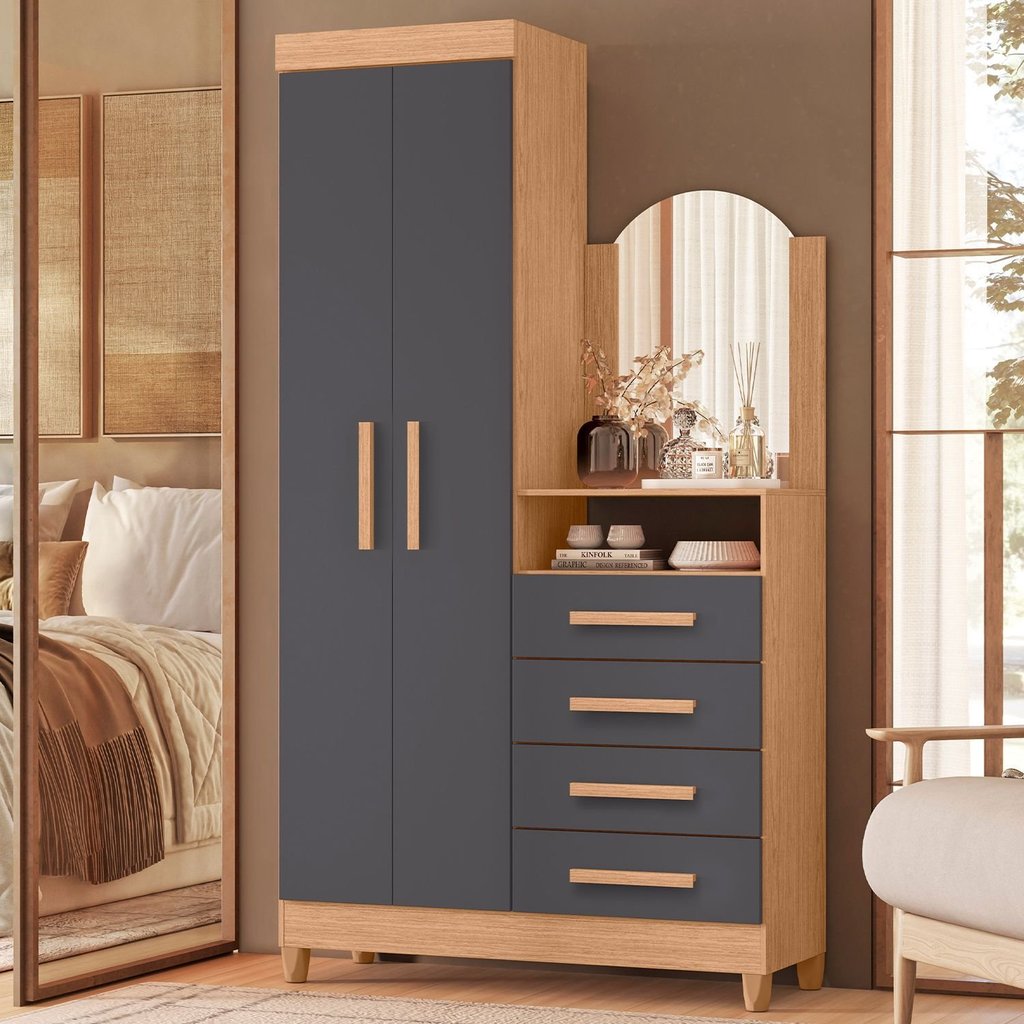 Guarda-Roupa Cômoda 2 Portas e 4 Gavetas com Espelho New Capri Cinza/Freijó/Titanium