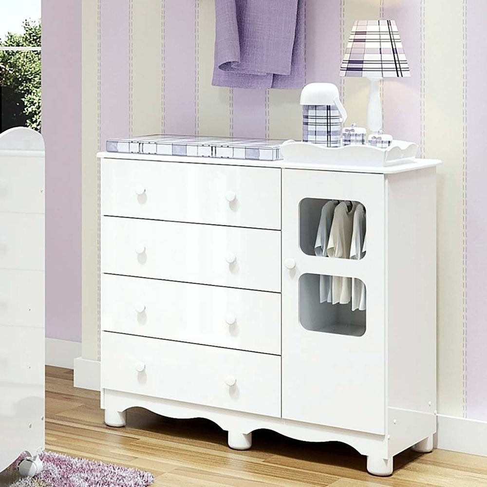 Cômoda Infantil 95cm 1 Porta com Janela e 4 Gavetas Mimo 100% MDF Espresso Móveis Branco/Brilho Branco Brilho