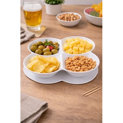 Bandeja Petisqueira Plástica 4 Compartimentos Resistente Servir Aperitivos Molhos Melamina